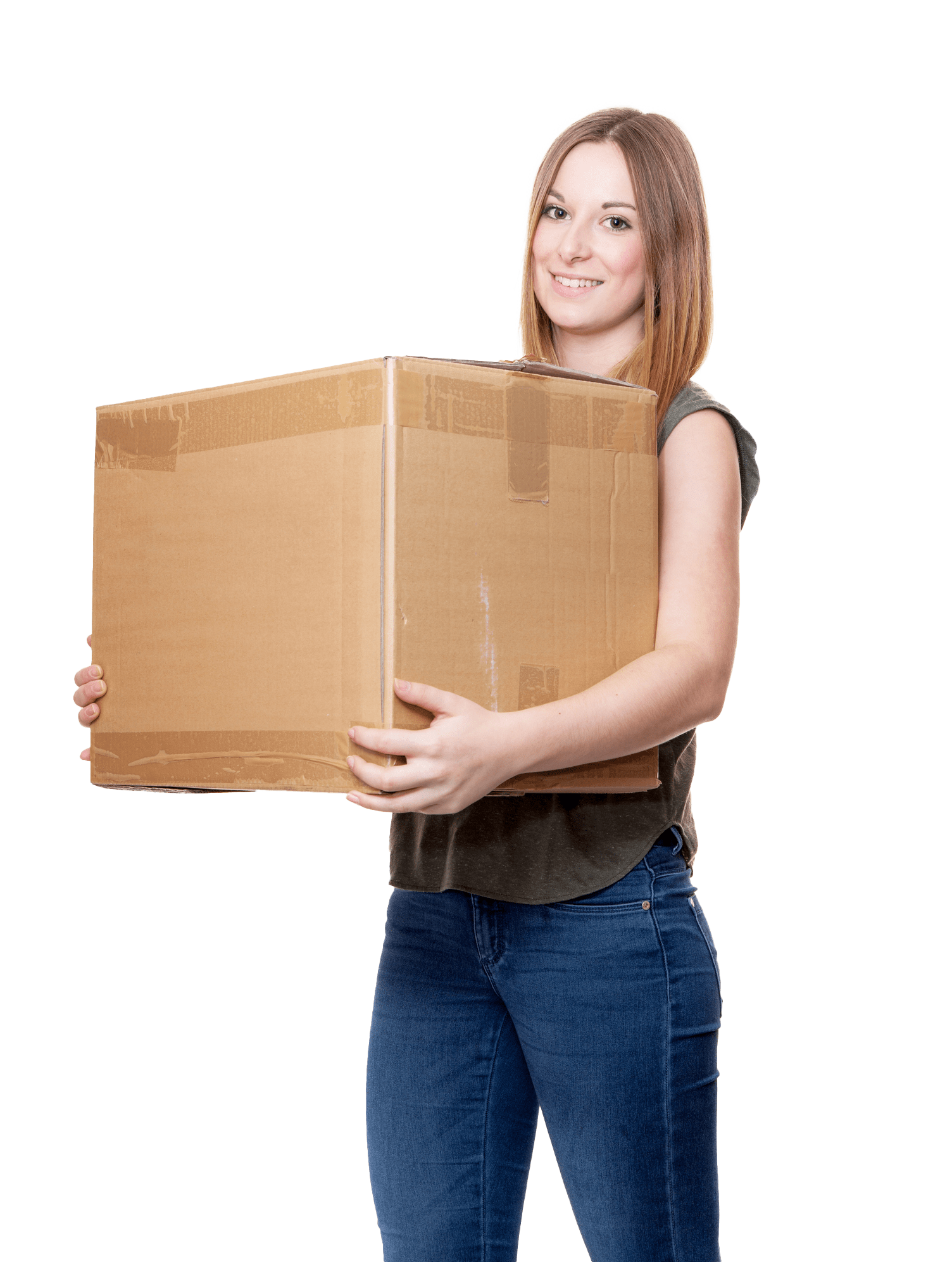 A woman carrying a large box